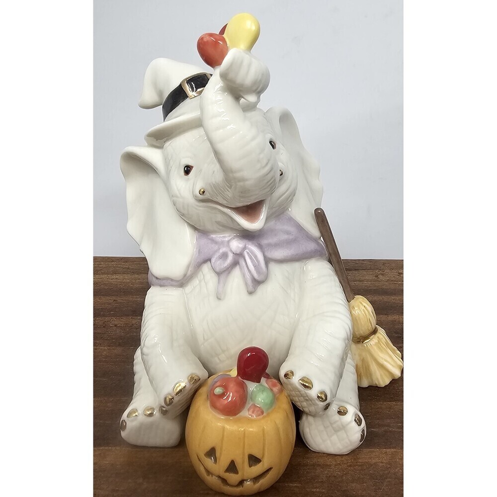 Lenox Trunk And Treats Figurine Porcelain Halloween Witch Hat Broom Elephant  4” - Picture 2 of 8